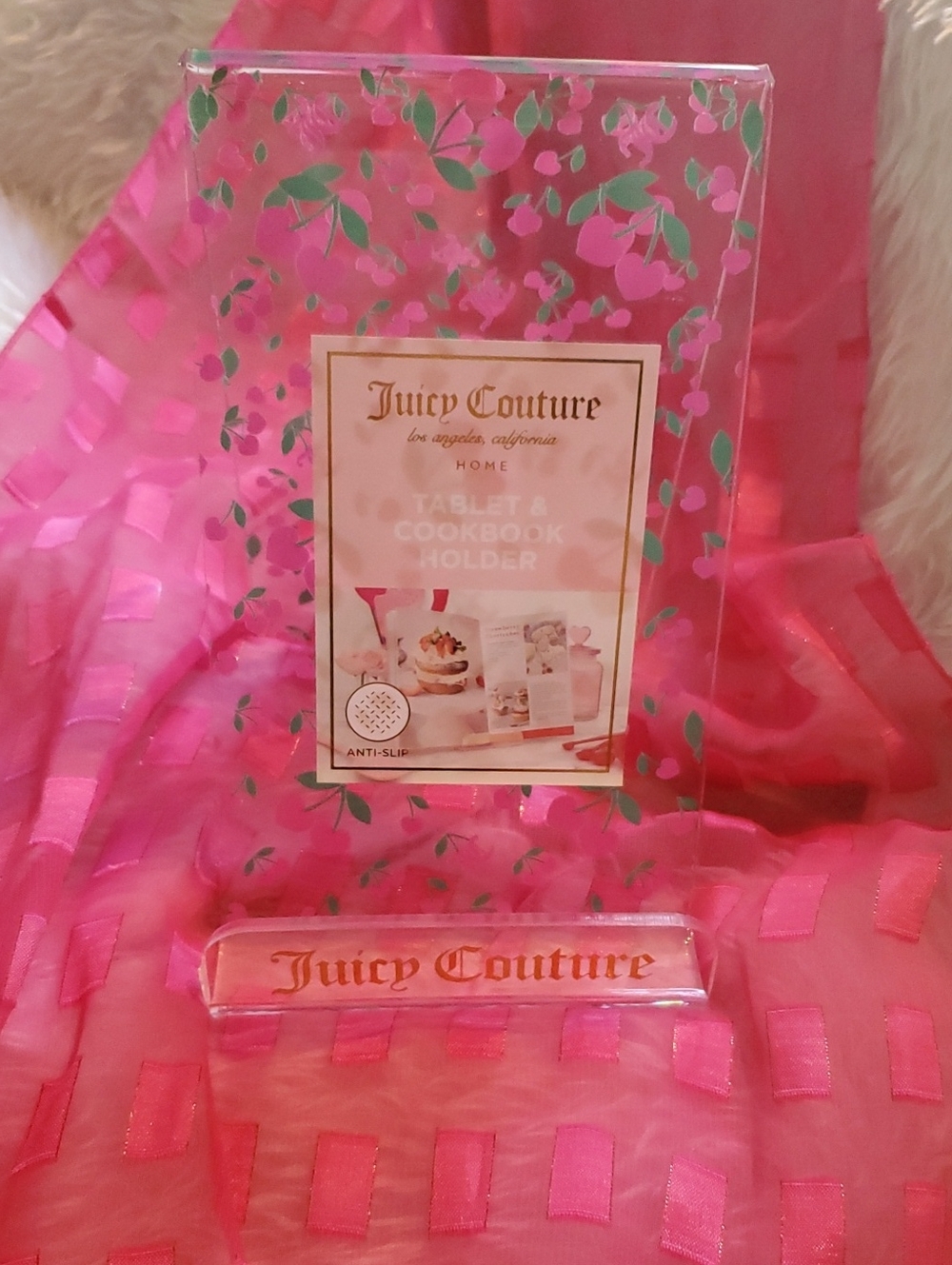 Juicy Couture Clear Acrylic Tablet & Cookbook Stand with Pink Cherry Accents